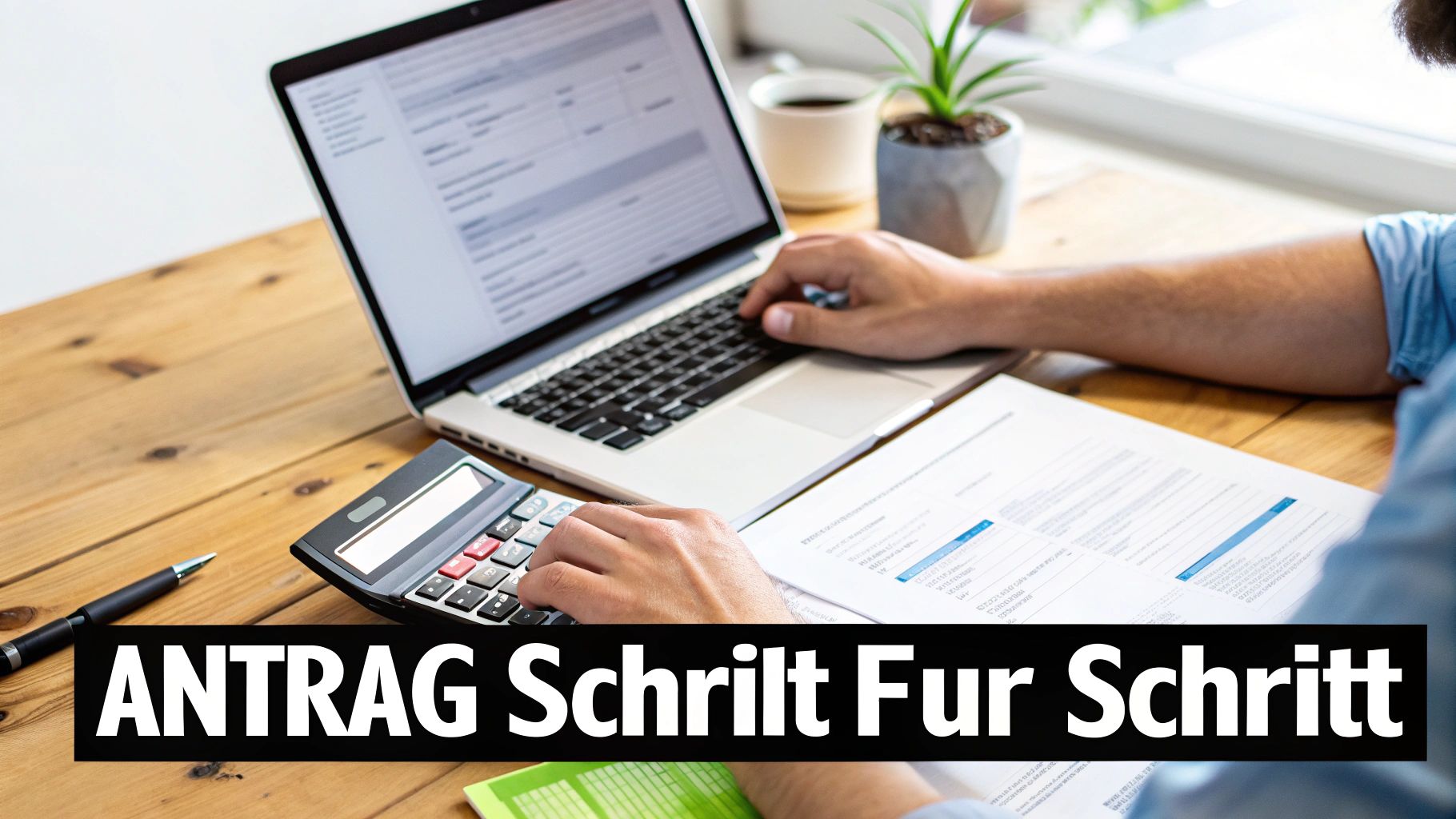 Eine Person arbeitet an Laptop und Taschenrechner, um einen Antrag Schritt für Schritt zu bearbeiten, mit Dokumenten auf einem Holzschreibtisch.