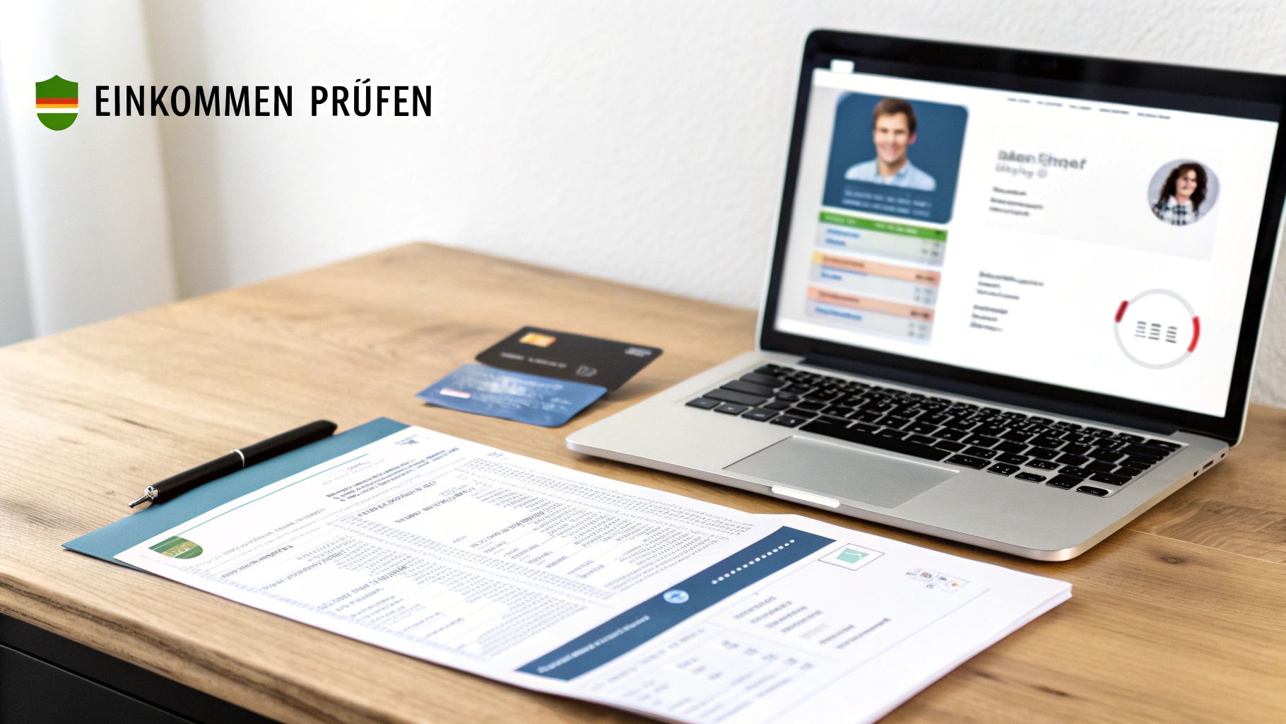 Ein Laptop, Dokumente, ein Stift und Kreditkarten liegen auf einem Holzschreibtisch für die Einkommensprüfung.