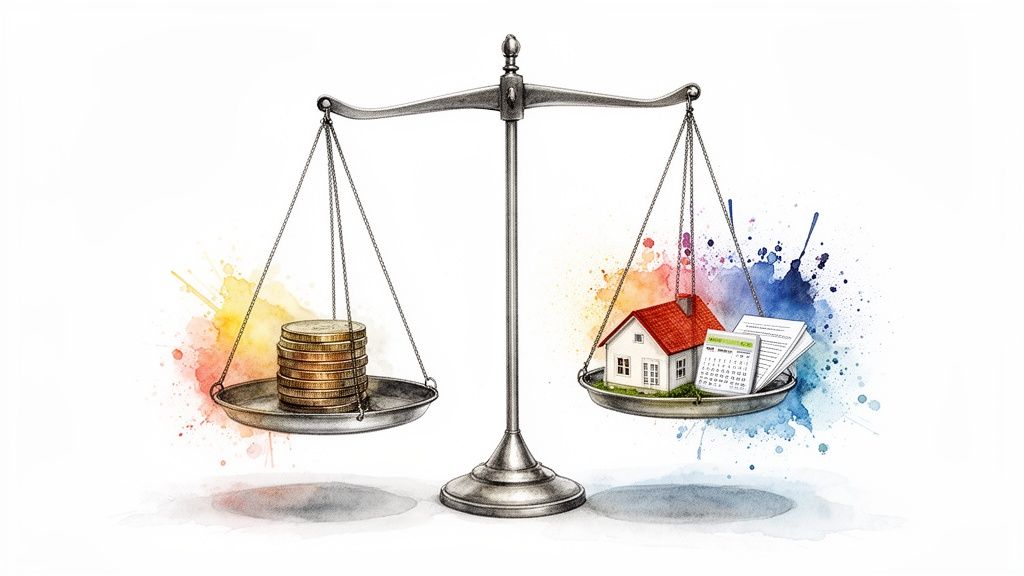 Eine Waage zeigt einen Ausgleich zwischen Geldmünzen und einem Haus mit Dokumenten, um Immobilienfinanzen darzustellen.