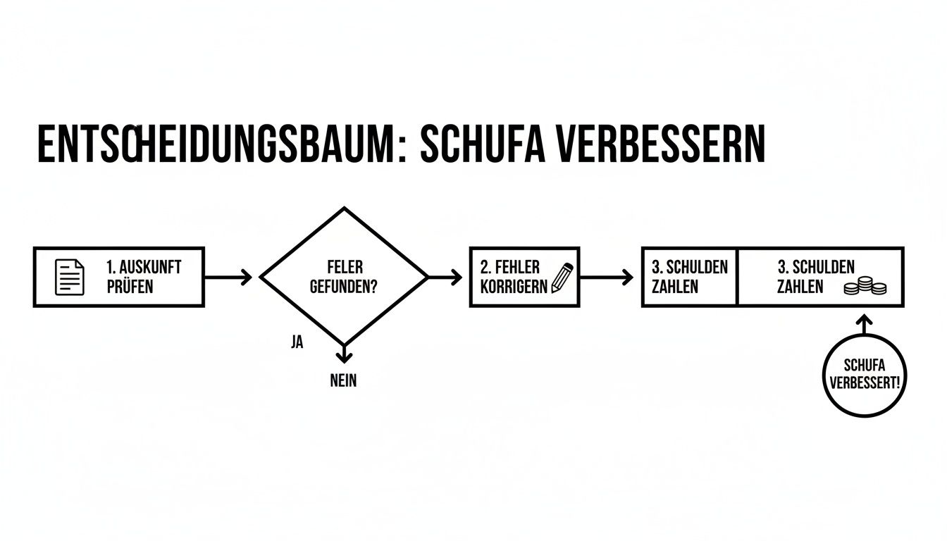 Flussdiagramm zur Verbesserung des SCHUFA-Scores. Es zeigt Schritte wie Auskunft prüfen, Fehler korrigieren und Schulden zahlen, um die SCHUFA zu verbessern.