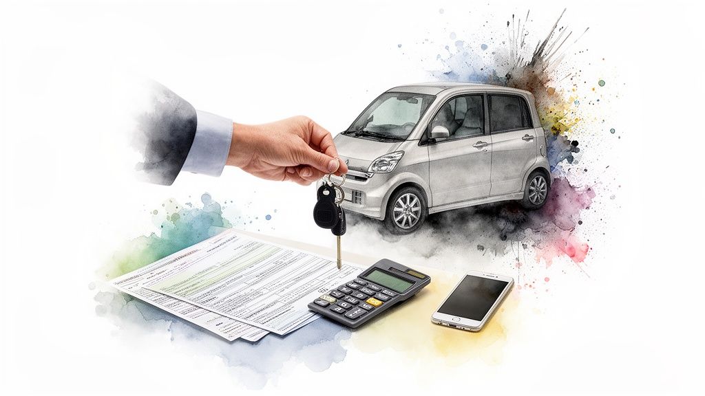 Hand übergibt Autoschlüssel mit Dokumenten, Rechner und Smartphone, symbolisiert Autokauf oder -versicherung.