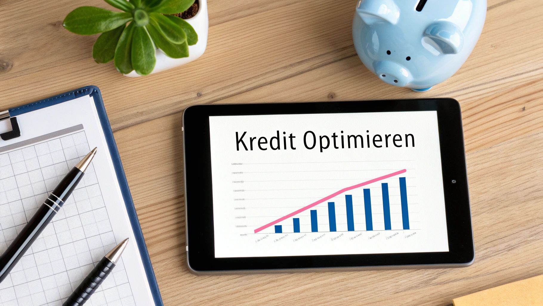 Tablet auf Holztisch zeigt Graphik mit Überschrift 'Kredit Optimieren', daneben Stifte, Notizblock, Sparschwein und Pflanze.