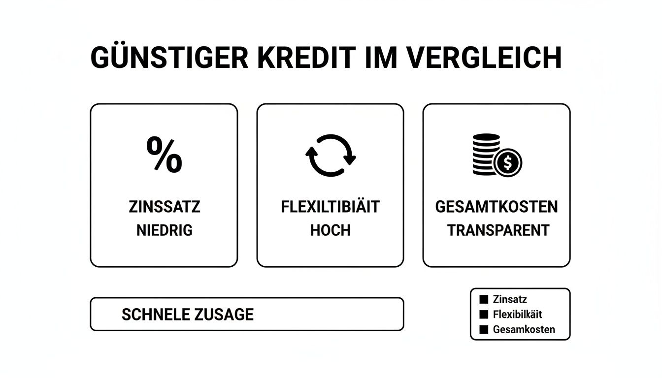 Übersicht günstiger Kredite im Vergleich, hervorgehoben durch niedrige Zinsen, hohe Flexibilität und transparente Gesamtkosten, inklusive schneller Zusage.