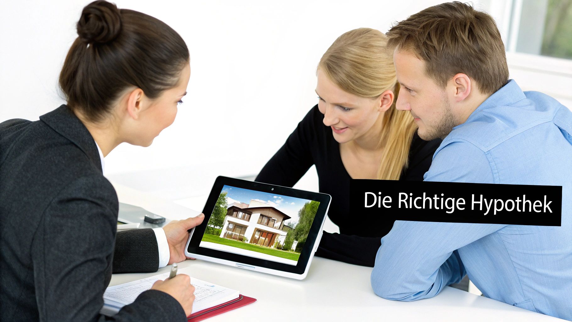 Finanzberaterin zeigt einem Paar auf einem Tablet ein Haus und bespricht die richtige Hypothek.