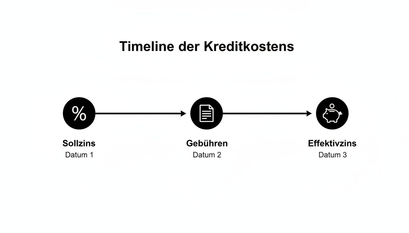 Eine Zeitleiste, die die Kreditkosten von Sollzins über Gebühren bis zum Effektivzins mit Datumsangaben darstellt.
