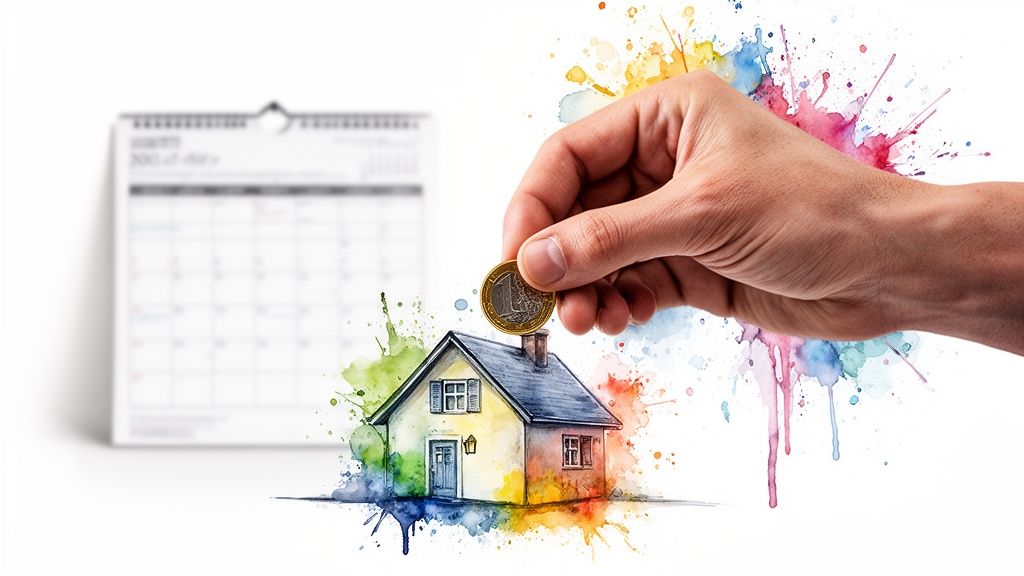 Hand legt Euro-Münze auf ein farbenfrohes Aquarell-Haus mit Kalender im Hintergrund, symbolisiert Hausfinanzierung.