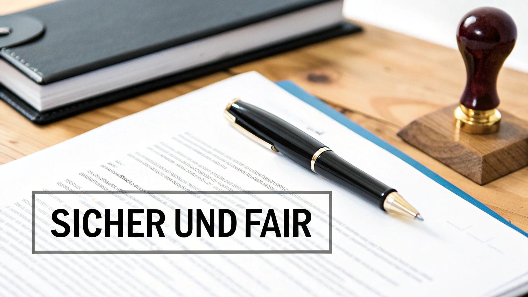 Ein Dokument mit dem Text 'Sicher und Fair', einem Stift, Buch und Stempel auf einem Holztisch.