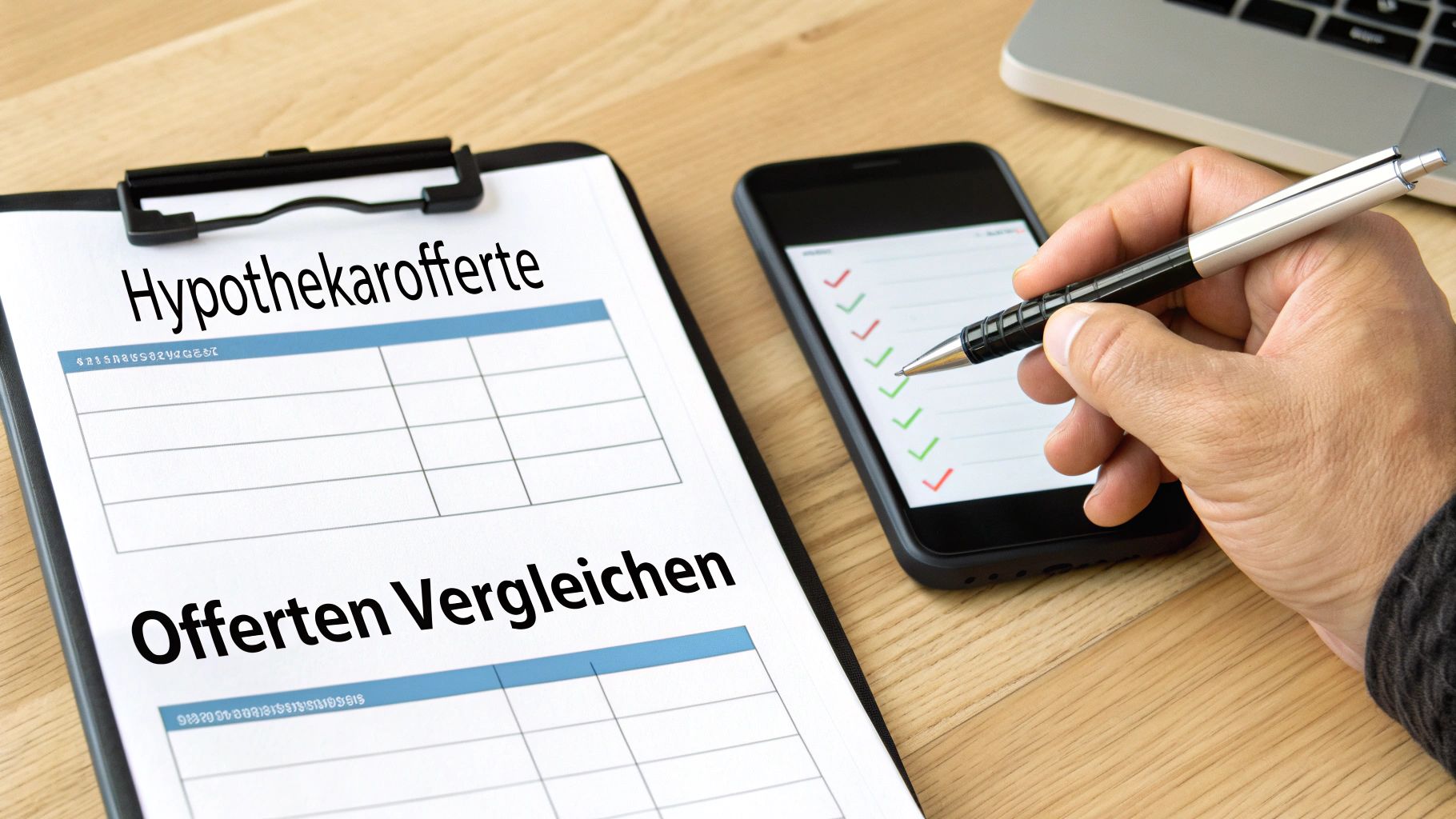 Person vergleicht Hypothekarofferten auf einem Formular und prüft Optionen auf dem Smartphone.