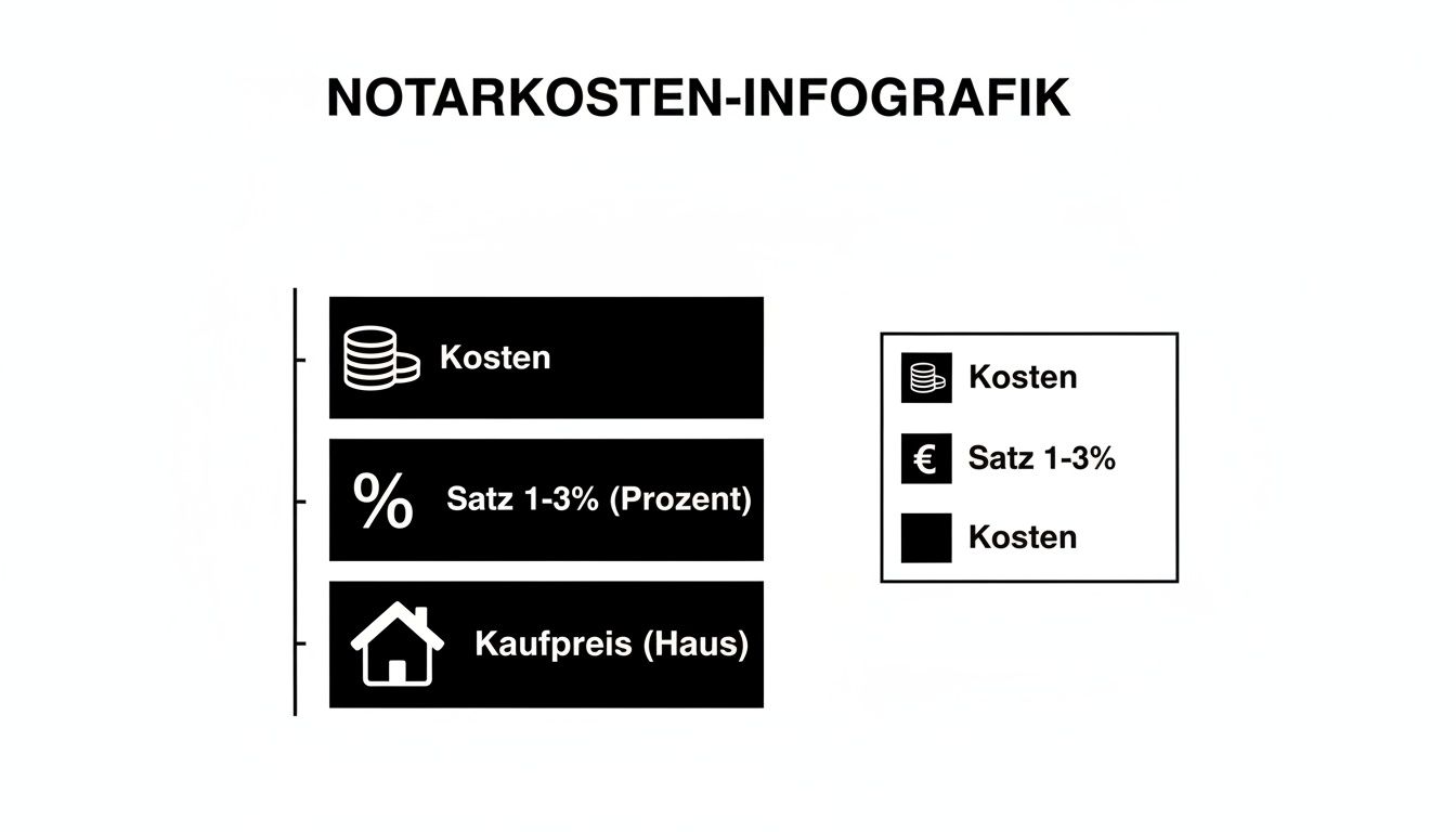 Infografik zu Notarkosten: Zeigt Kosten, Prozentsatz (1-3%) und Kaufpreis für ein Haus.