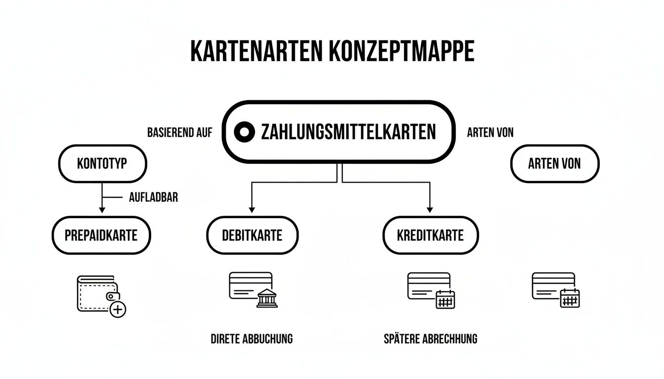 Konzeptkarte über Zahlungsmittelkarten, die Prepaid-, Debit- und Kreditkarten nach Kontotyp und Abrechnungsart darstellt.