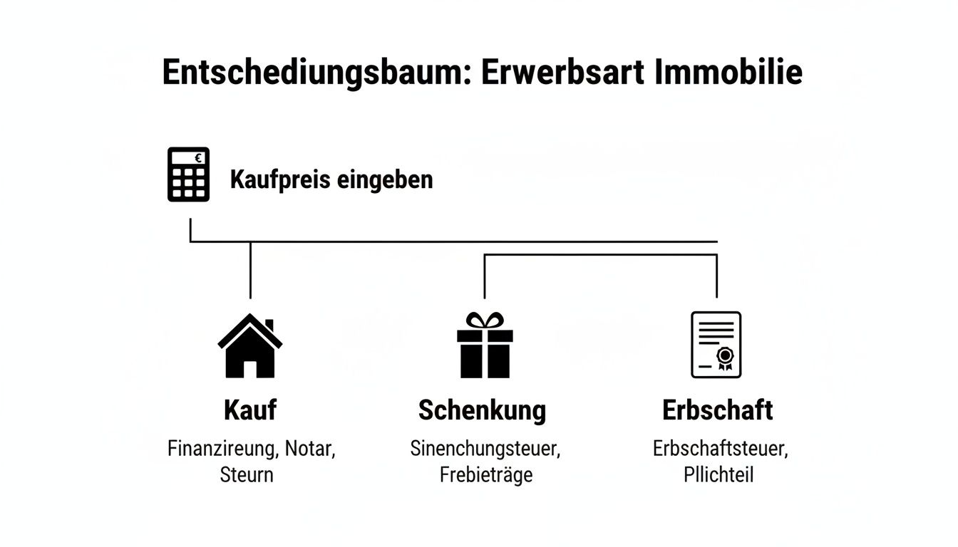 Entscheidungsbaum zur Immobilien-Erwerbsart mit Optionen wie Kauf, Schenkung und Erbschaft inklusive relevanter Kosten.