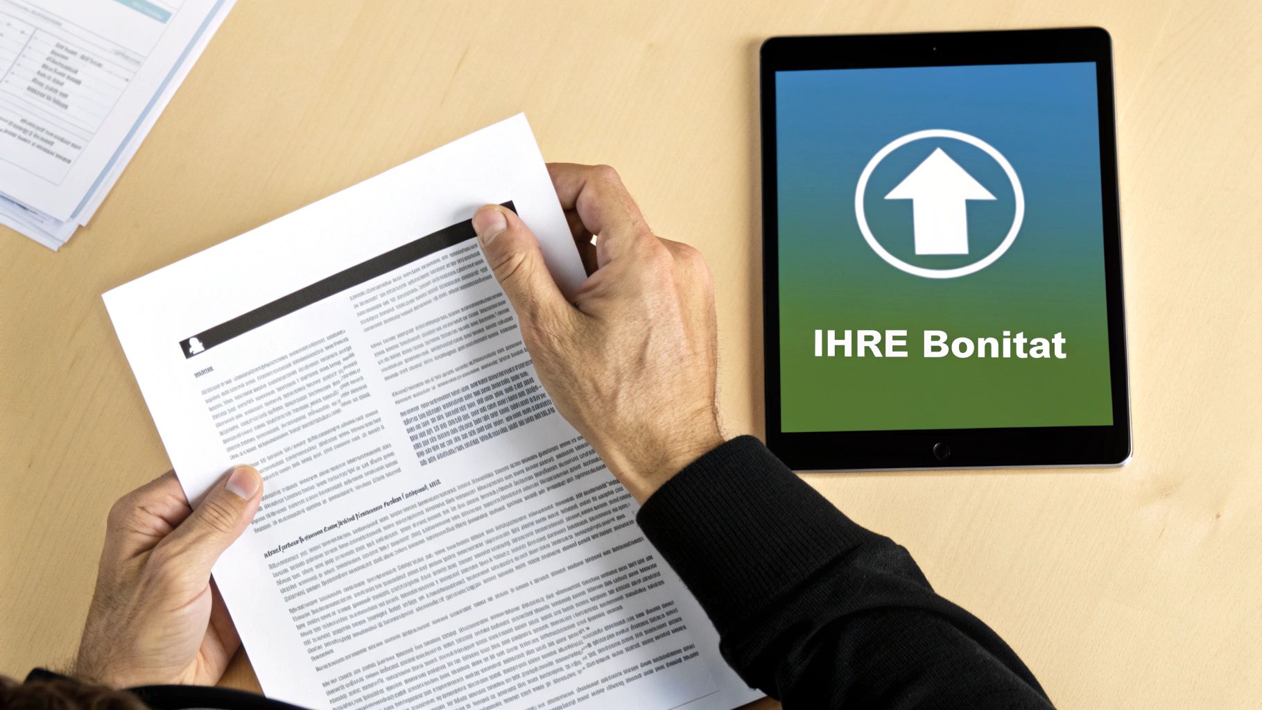 Eine Person prüft ihre Bonität auf einem Dokument und einem Tablet mit positivem Ergebnis.