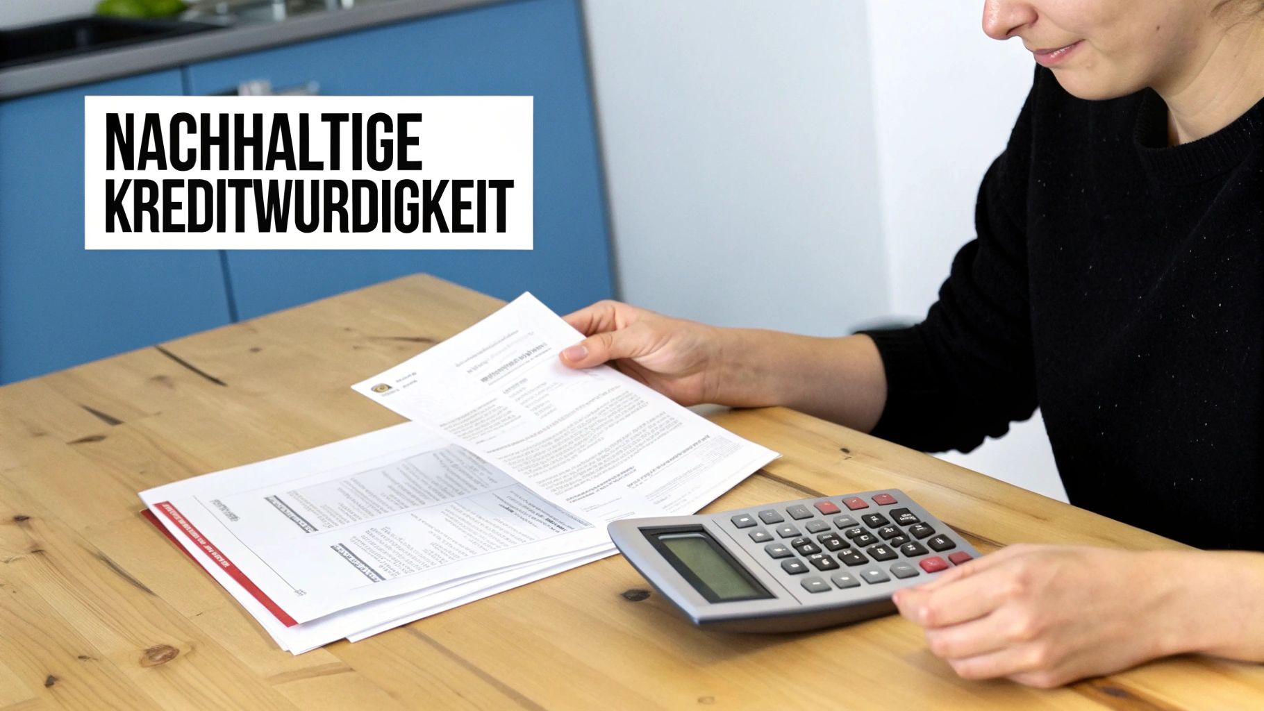 Person prüft Dokumente und verwendet Taschenrechner auf einem Holztisch, mit Text 'NACHHALTIGE KREDITWÜRDIGKEIT'.