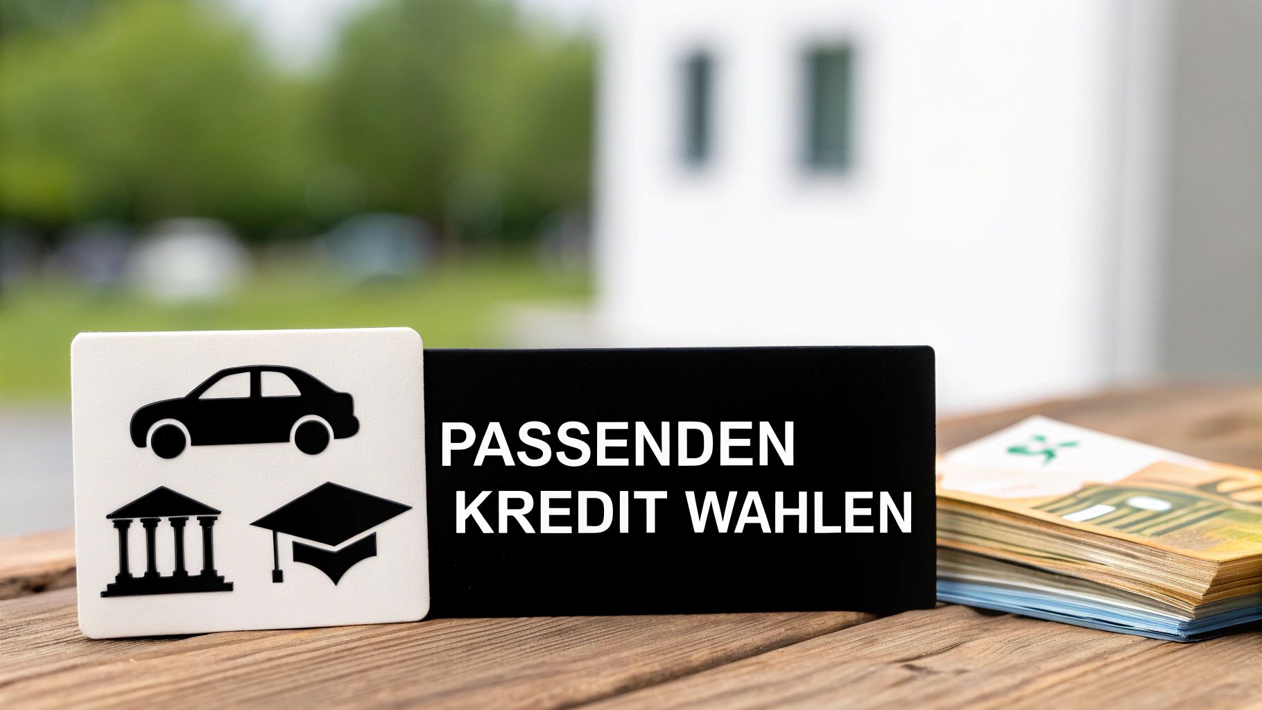 Symbole für Auto, Bank und Abschlusskappe neben Text 'PASSENDEN KREDIT WÄHLEN' und Euro-Banknoten, die die Kreditaufnahme darstellen.