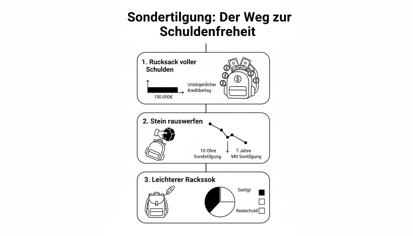 Infografik zeigt den Weg zur Schuldenfreiheit durch Sondertilgungen: von hohem Kredit zur vollständigen Rückzahlung.
