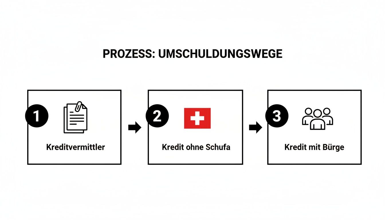Grafik zeigt den Prozess der Umschuldungswege: Kreditvermittler, Kredit ohne Schufa und Kredit mit Bürge als Schritte.