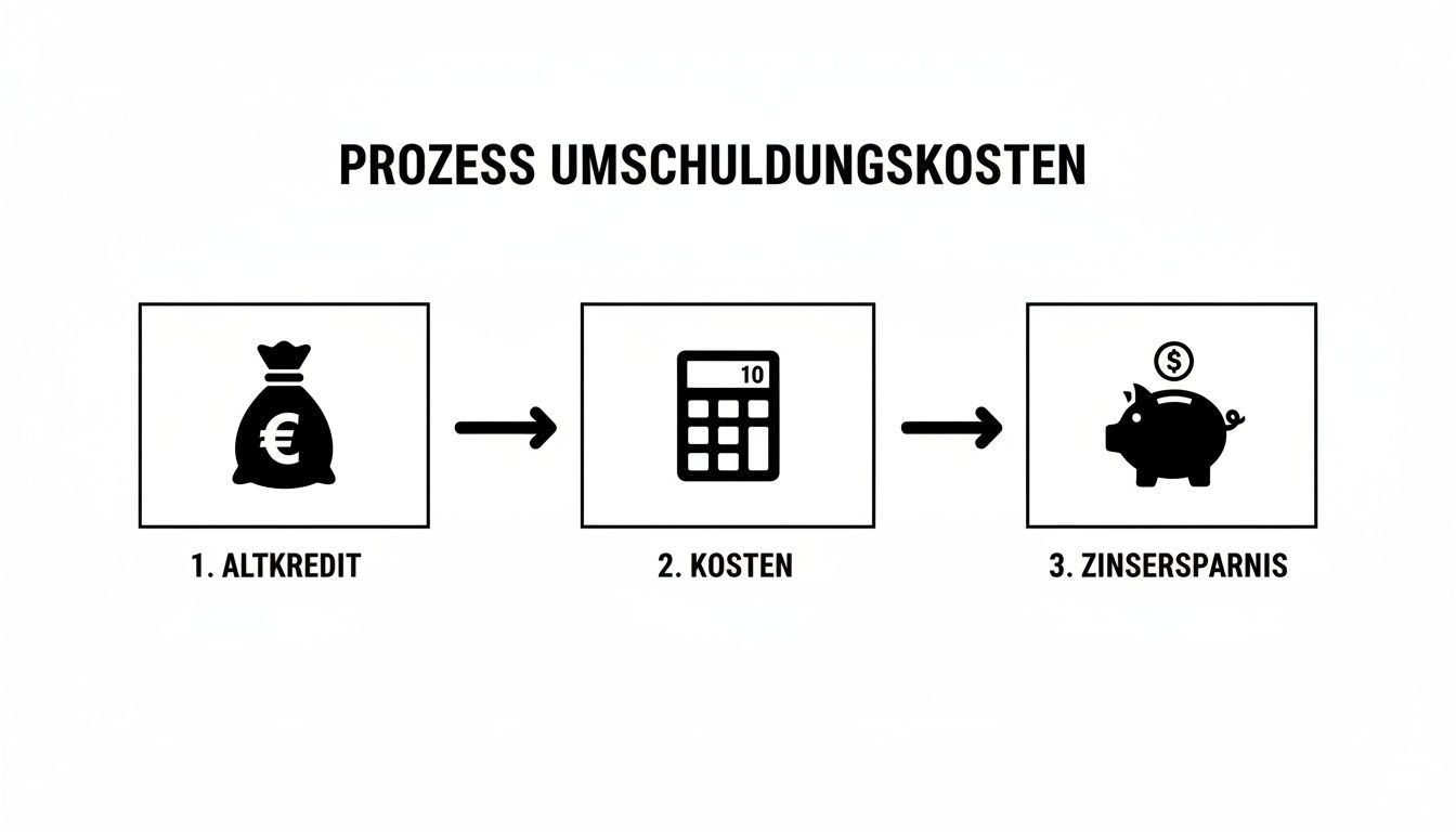 Ein Diagramm zeigt den Prozess der Umschuldungskosten: vom Altkredit über Kosten zur Zinsersparnis.