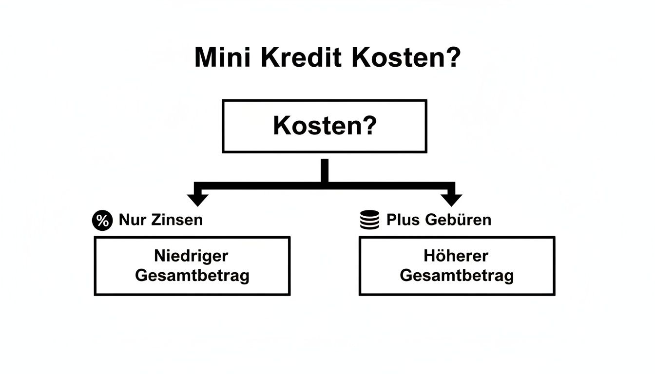 Flussdiagramm zu Minikredit-Kosten: Nur Zinsen für niedrigeren Gesamtbetrag oder Zinsen plus Gebühren für höheren Gesamtbetrag.