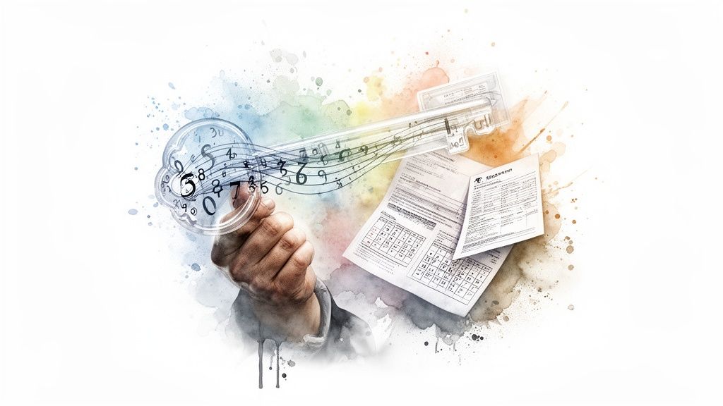 Hand hält transparenten Schlüssel aus Zahlen und Noten über Finanzdokumenten mit farbigen Aquarellspritzern.