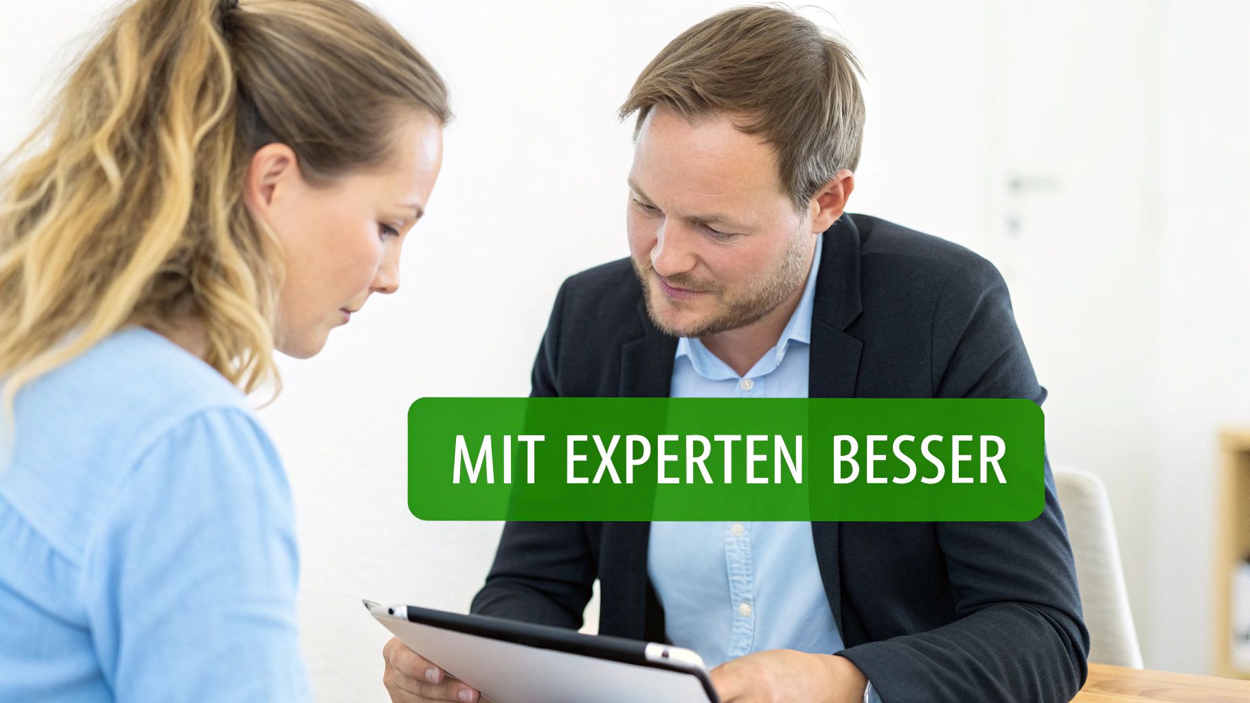 Ein Mann und eine Frau beraten sich gemeinsam an einem Tablet, um eine bessere Lösung zu finden.