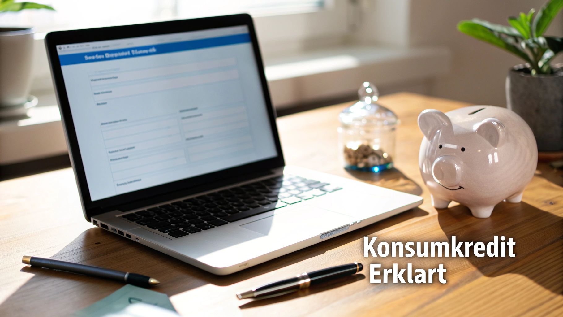 Laptop auf Schreibtisch mit Spardose, Stiften und dem Text 'Konsumkredit Erklart' – Finanzen online verwalten.