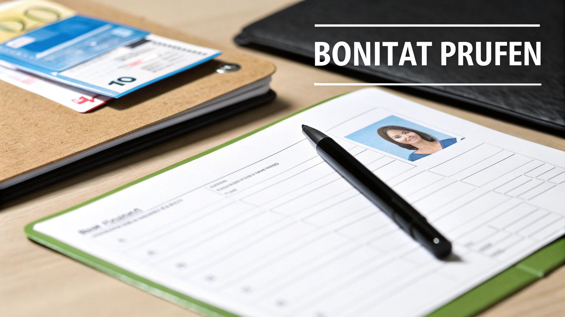 Ein Dokument mit Foto, Stift und Karten. Im Hintergrund steht groß: BONITÄT PRÜFEN.