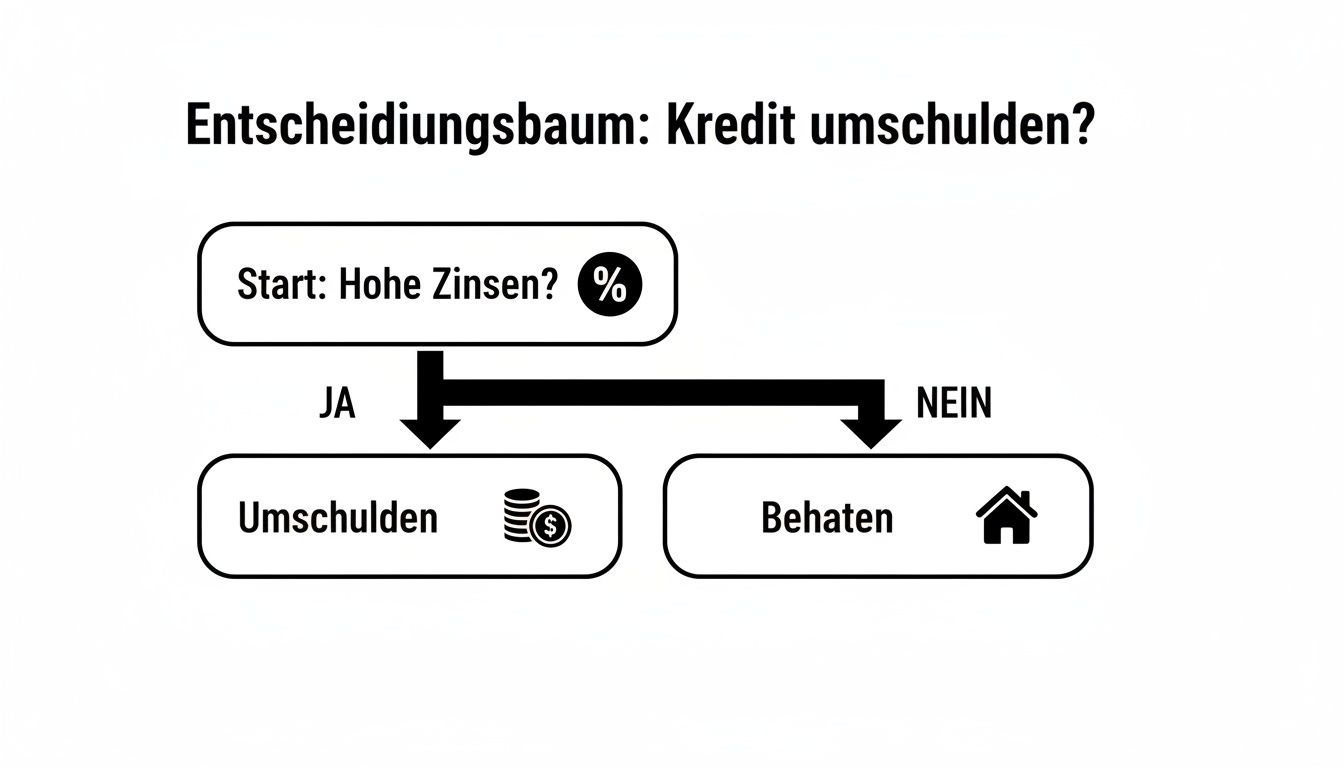 Entscheidungsbaum zur Frage, ob ein Kredit umgeschuldet werden soll, basierend auf hohen Zinsen.
