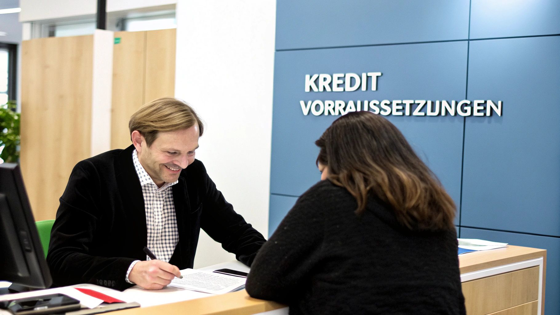 Ein freundlicher Berater bespricht Kreditvoraussetzungen mit einer Kundin in einer Bankfiliale.