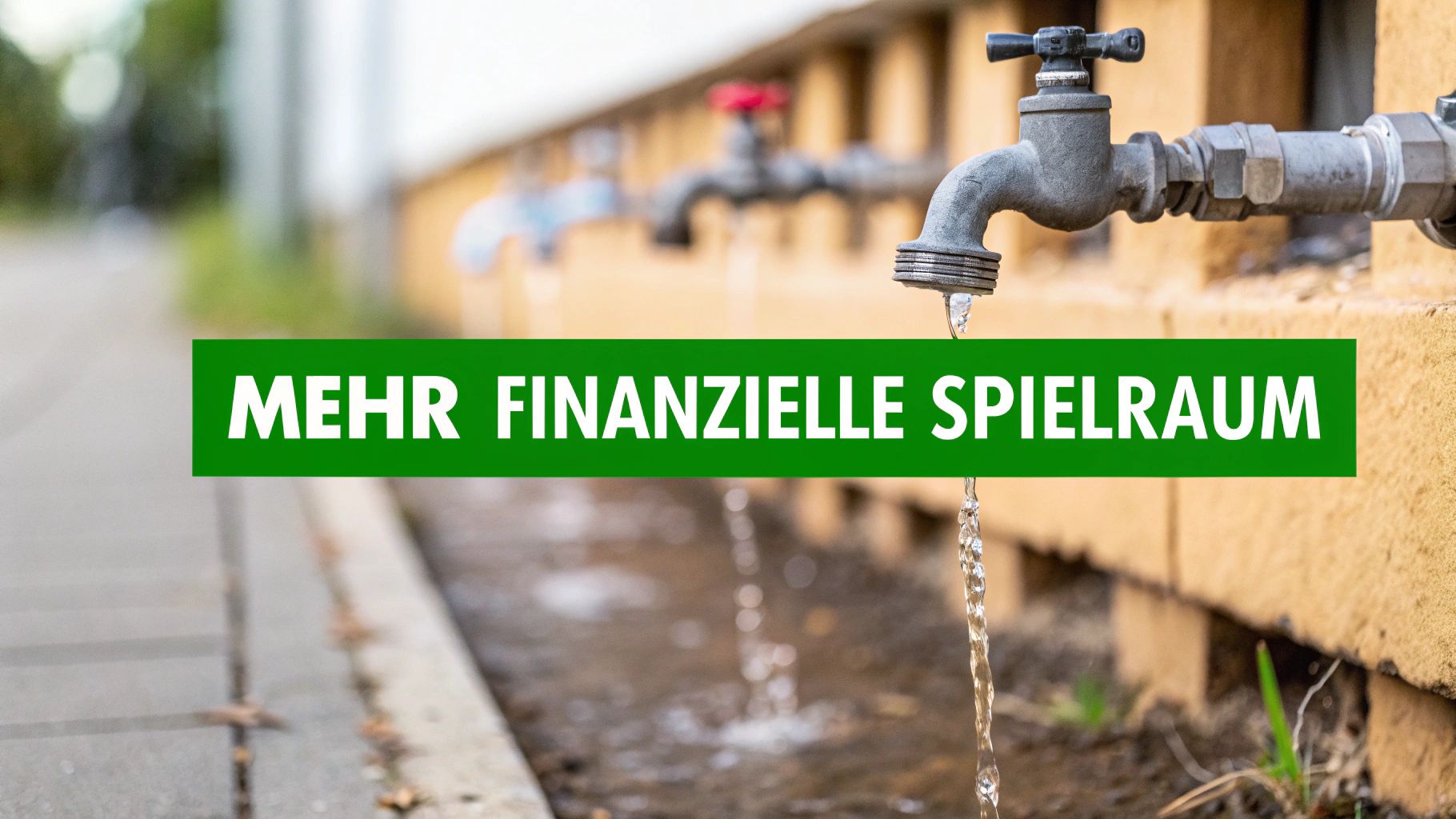 Eine Reihe von Wasserhähnen, aus denen Wasser fließt, mit einem grünen Banner: 'MEHR FINANZIELLE SPIELRAUM'.