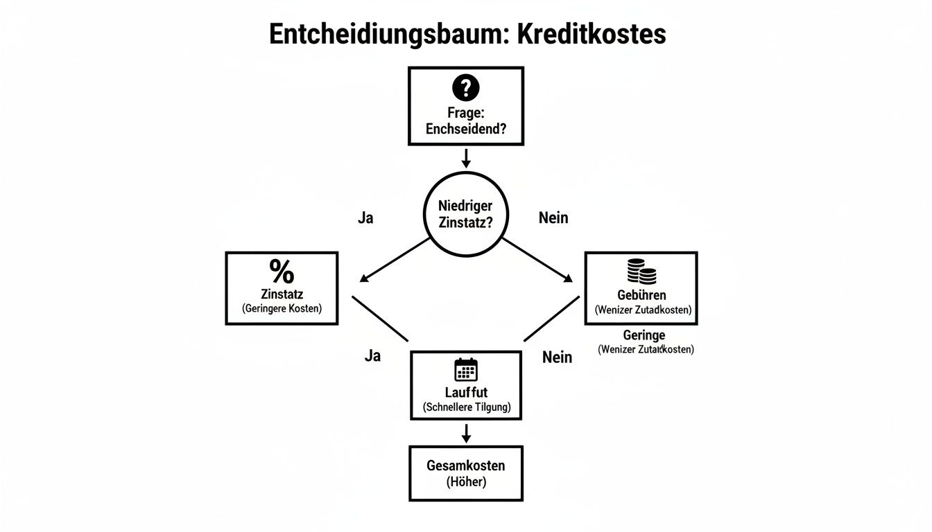 Entscheidungsbaum für Kreditkosten, der die Bedeutung von Zinsen, Gebühren und Laufzeit für die Gesamtkosten beleuchtet.