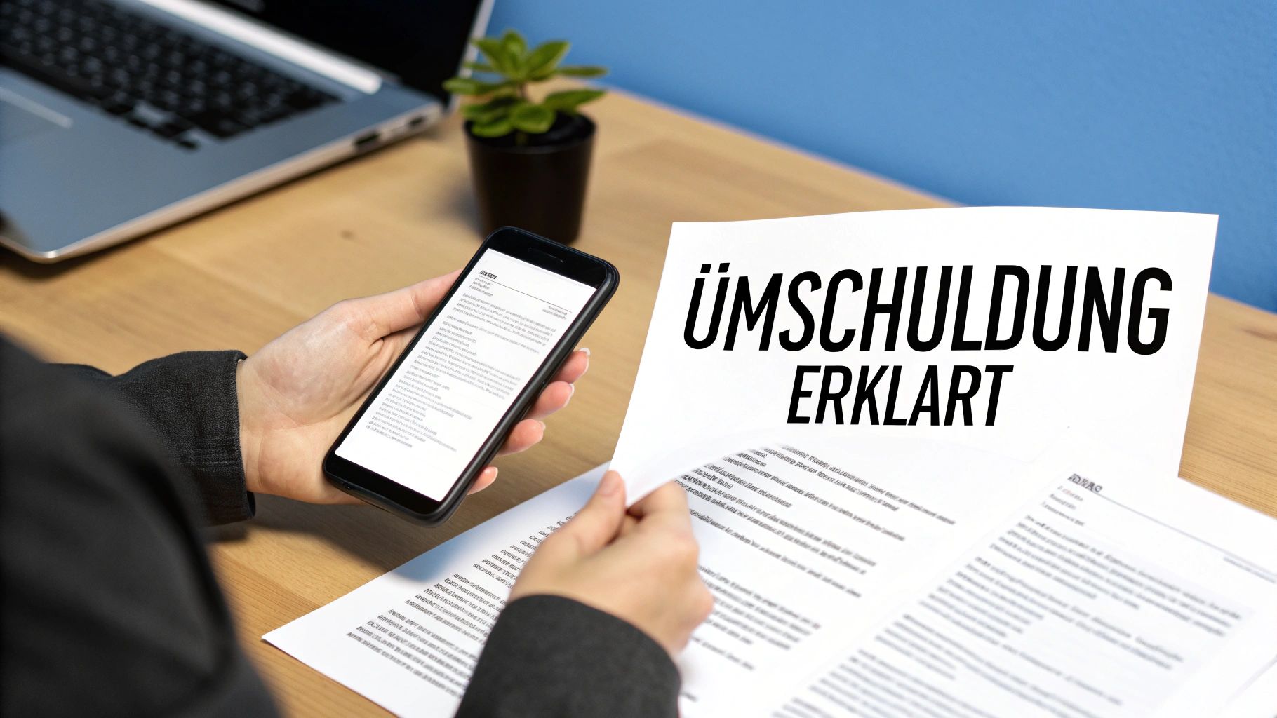 Person liest auf Smartphone und betrachtet Papiere mit der Überschrift 'Umschuldung erklärt' auf einem Schreibtisch.