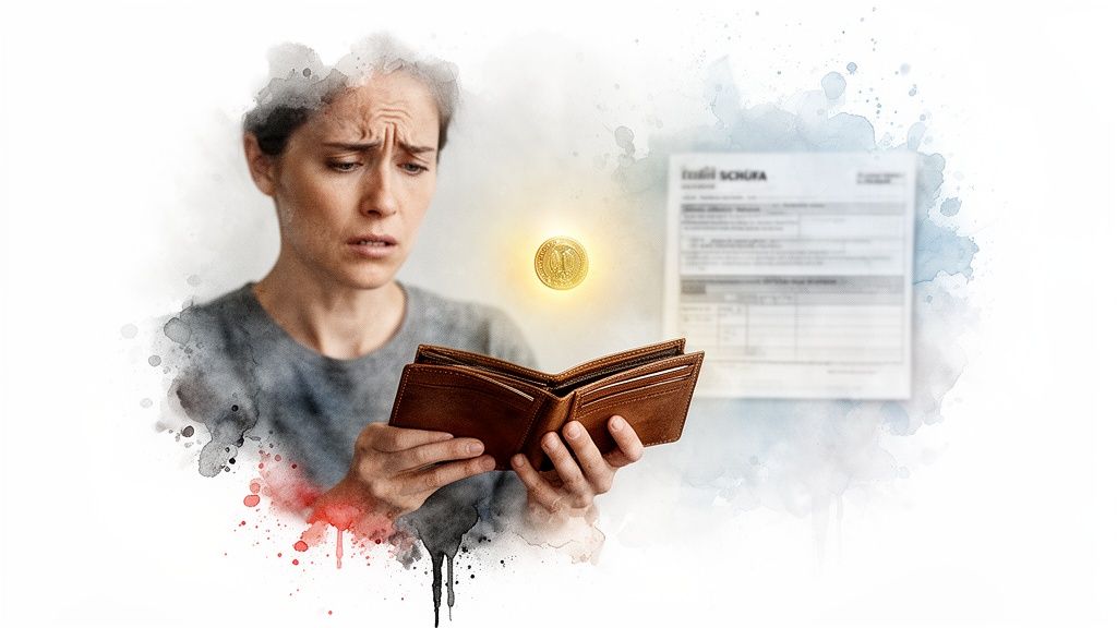 Besorgte Frau mit leerem Portemonnaie und SCHUFA-Dokument, das auf finanzielle Schwierigkeiten hinweist.
