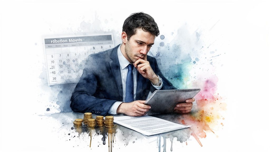 Ein nachdenklicher Geschäftsmann im Anzug betrachtet ein Tablet, umgeben von Münzen, einem Dokument und einem Kalender im Aquarellstil.