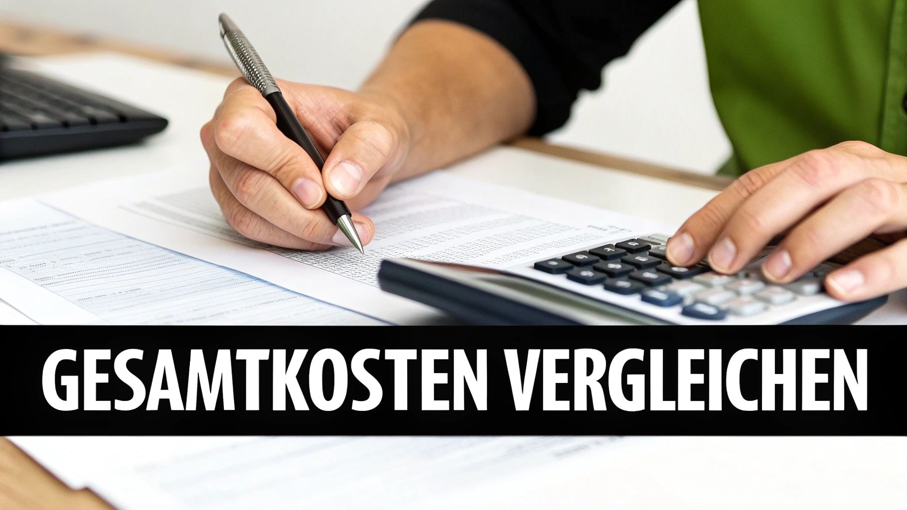 Hände schreiben und rechnen mit einem Taschenrechner auf Dokumenten, dazu die Aufschrift 'Gesamtkosten Vergleichen'.
