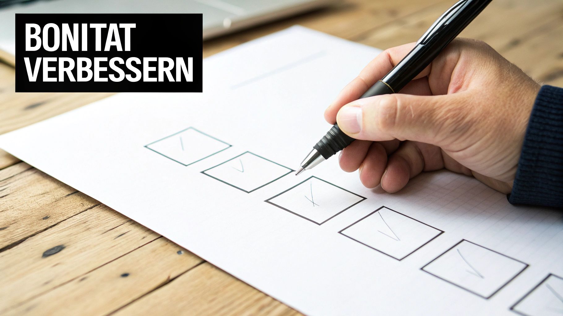 Hand hakt Kästchen auf einem Formular ab mit der Aufschrift 'BONITAT VERBESSERN'.