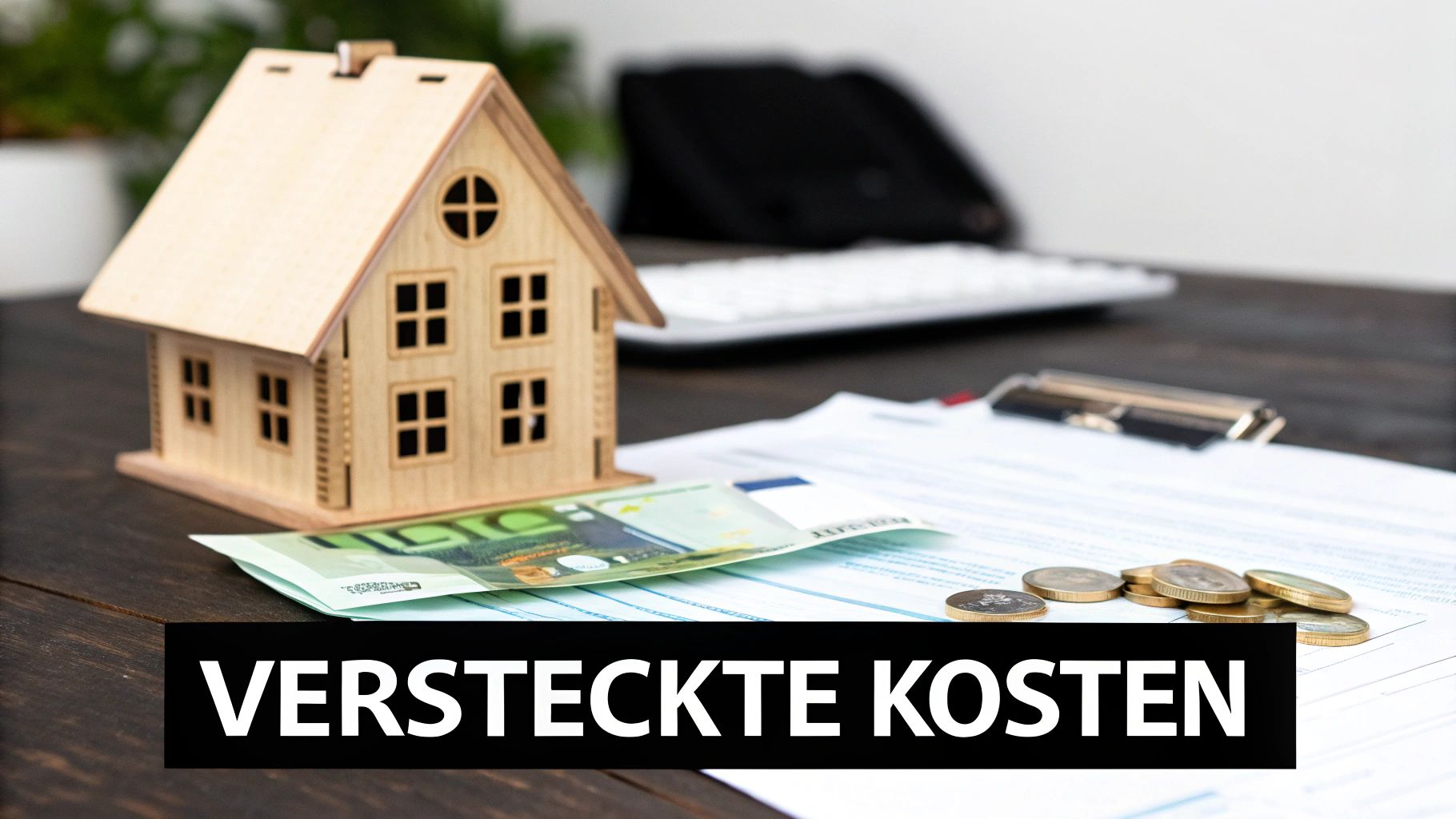 Ein Modellhaus aus Holz steht auf einem Tisch mit Euro-Banknoten, Münzen und Dokumenten. Der Text "VERSTECKTE KOSTEN" ist zu sehen.