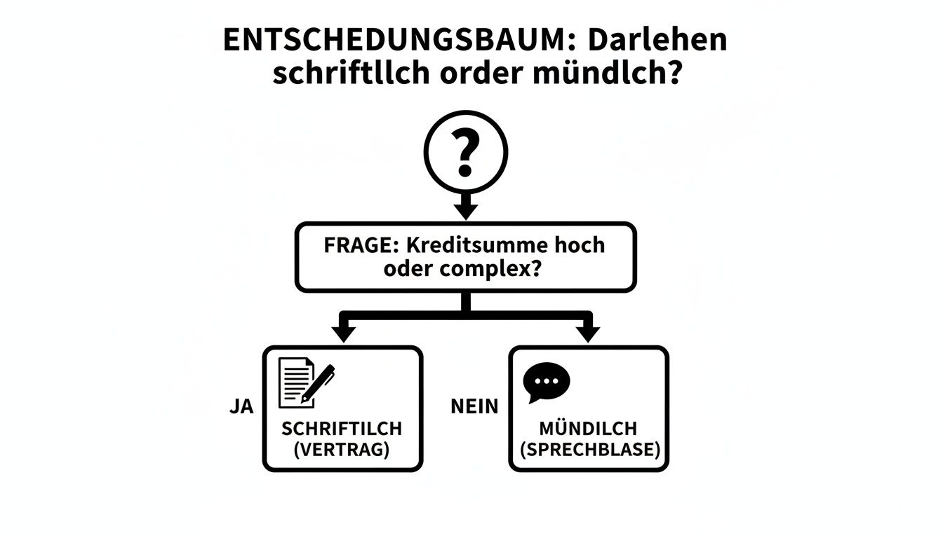 Entscheidungsbaum zur Form eines Darlehens: schriftlich bei hoher Kreditsumme oder komplex, sonst mündlich.