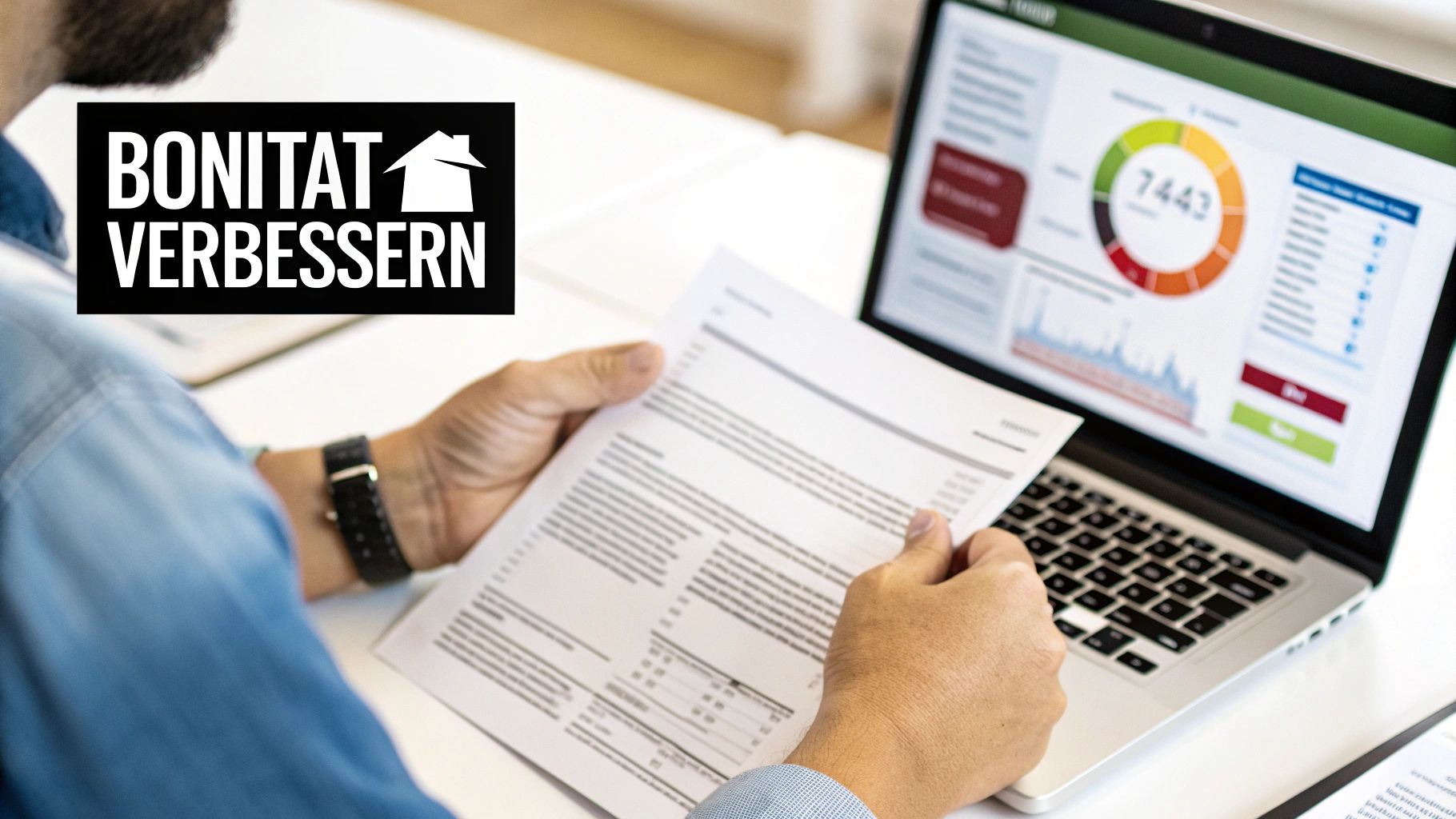 Mann prüft Dokumente vor einem Laptop, der Finanzdaten anzeigt, mit 'Bonität verbessern' als Text.
