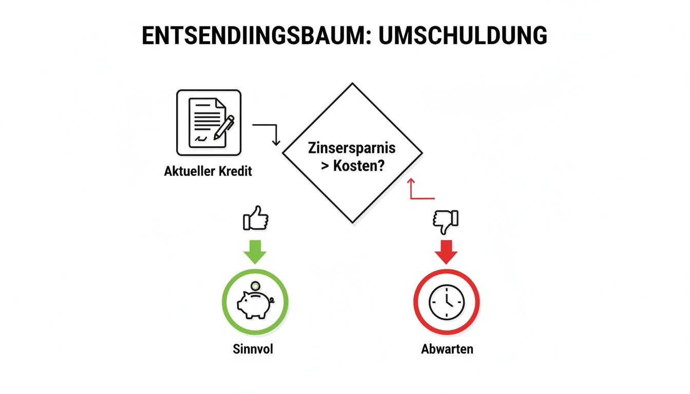 Flussdiagramm zur Kreditumschuldung: Prüfung von Zinsersparnis gegenüber Kosten für sinnvolle Entscheidung.