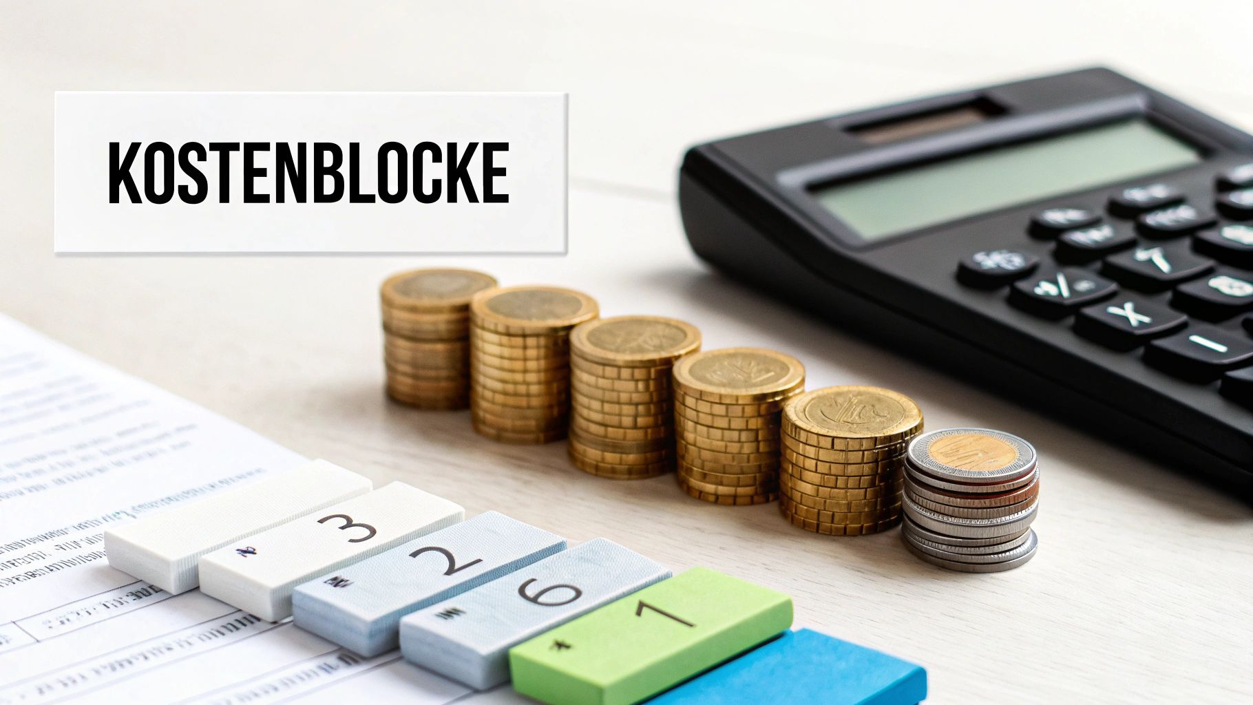 Rechner, Münzstapel und eine Karte mit 'KOSTENBLÖCKE' zur Darstellung von Finanzplanung und Kosten.