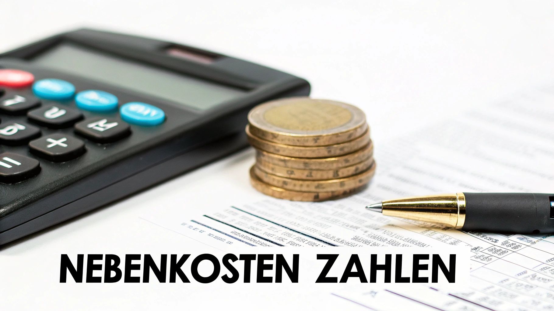 Ein Taschenrechner, gestapelte Euromünzen, ein Stift und Dokumente mit der Aufschrift 'NEBENKOSTEN ZAHLEN'.