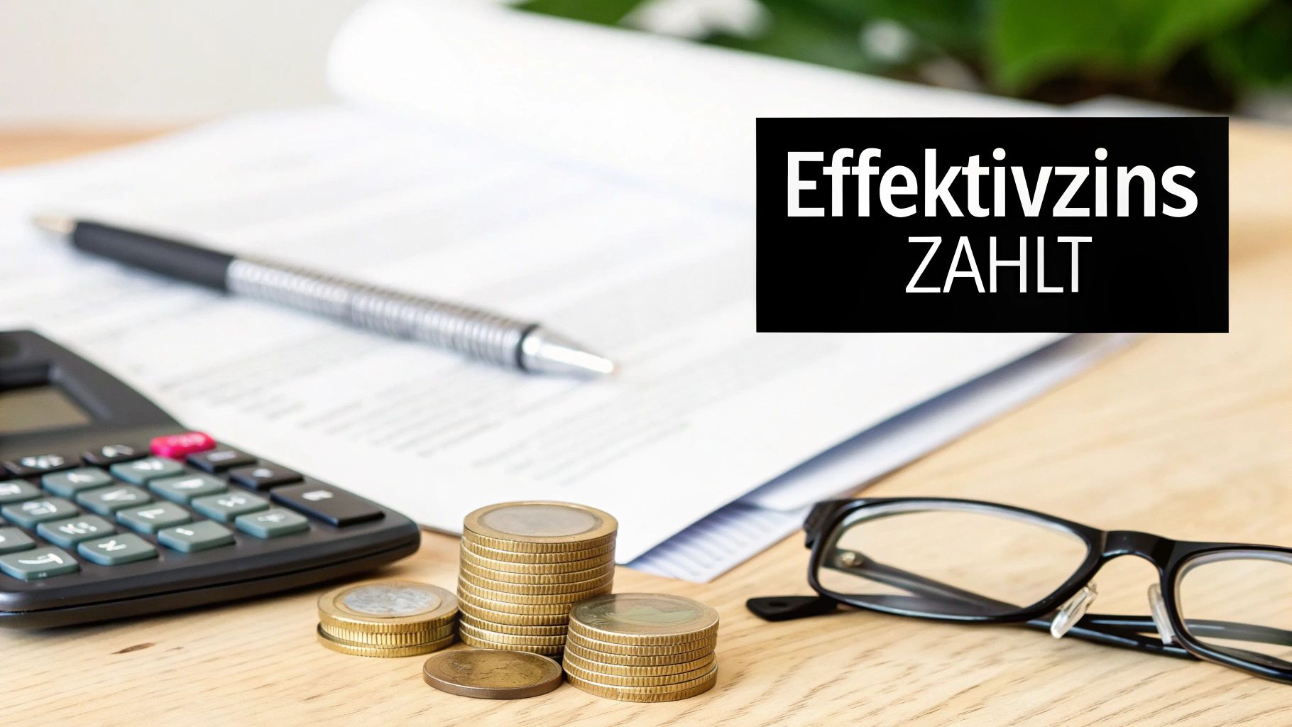 Rechner, Münzen, Stift und Brille auf einem Tisch mit dem Text 'Effektivzins ZAHLT'.