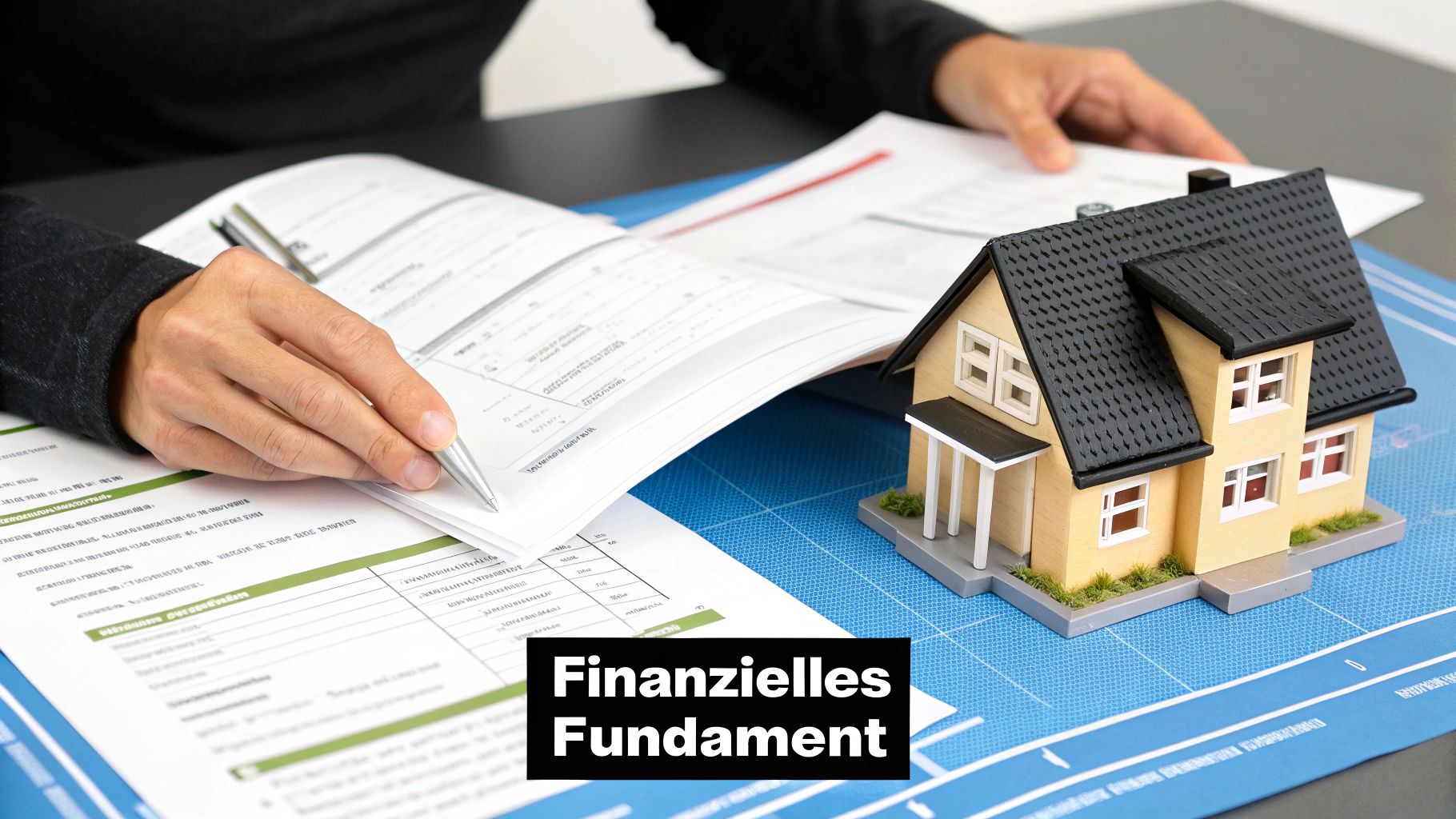 Person prüft Finanzdokumente neben einem Modellhaus auf einem blauen Plan.
