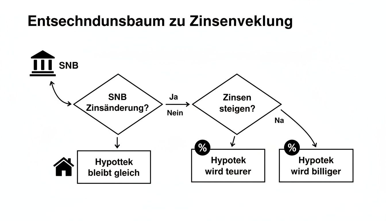 Entscheidungsbaum zur Zinsentwicklung der SNB und deren Auswirkung auf Hypotheken in der Schweiz.
