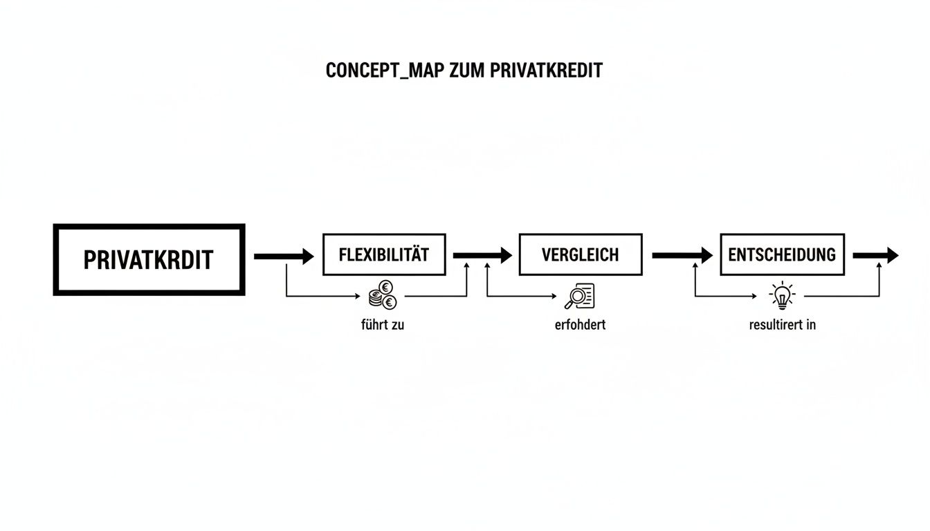 Konzeptkarte zum Privatkredit, die den Ablauf von Flexibilität, Vergleich und Entscheidung darstellt.