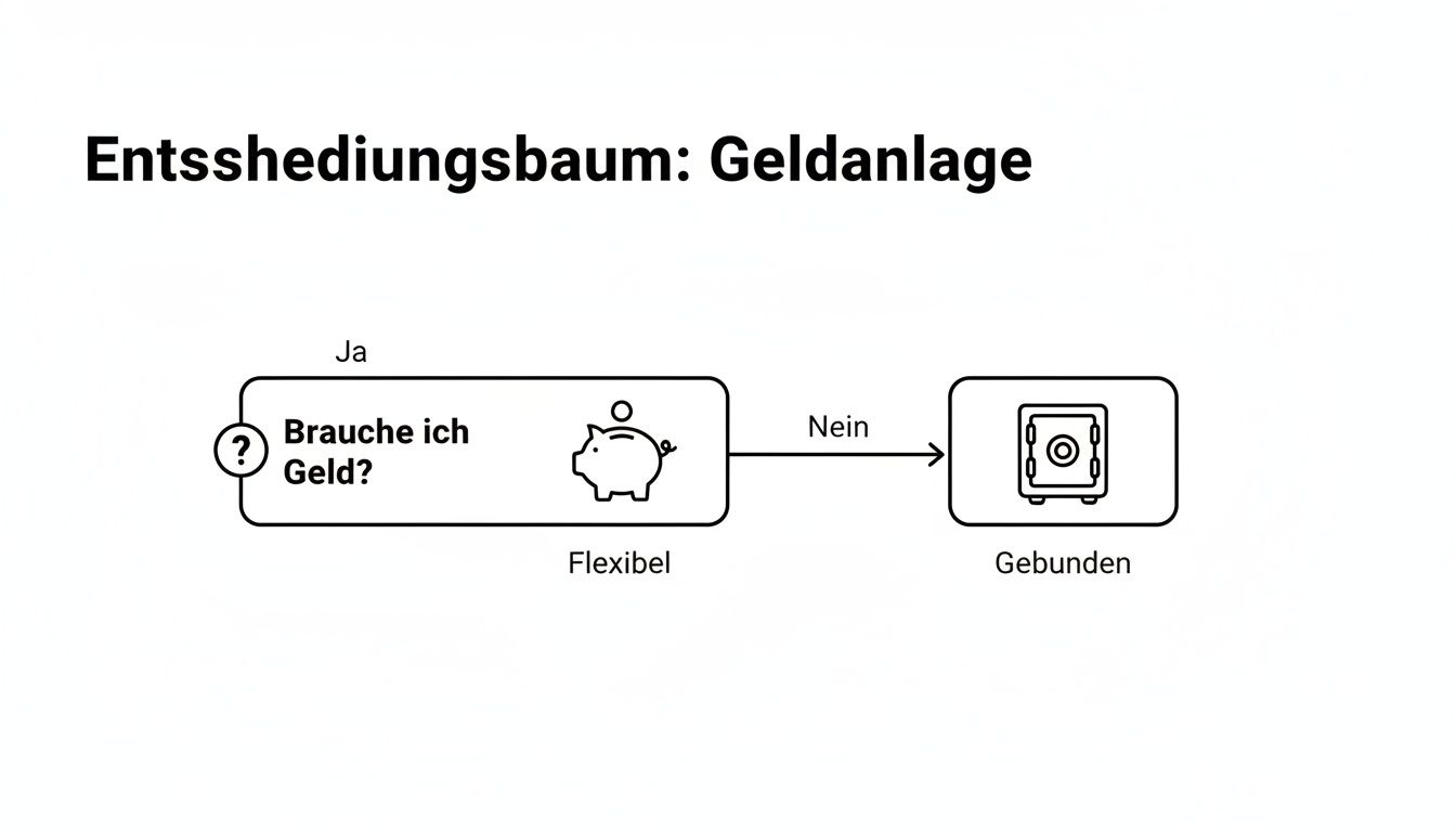 Ein Entscheidungsbaum zur Geldanlage. Er fragt, ob man Geld benötigt, um zwischen flexibler und gebundener Anlage zu wählen.