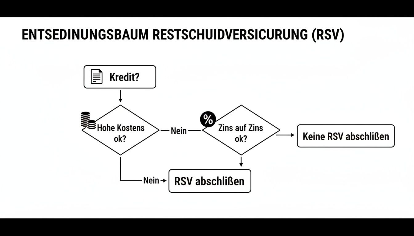 Ein Entscheidungsbaum zur Bewertung, ob eine Restschuldversicherung (RSV) basierend auf Kosten und Zinsen sinnvoll ist.
