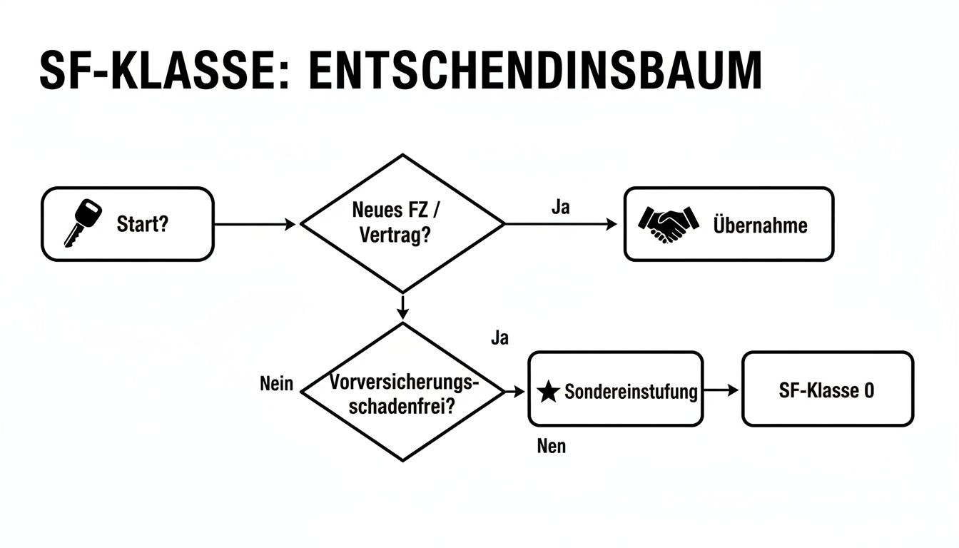 Flussdiagramm zur Bestimmung der SF-Klasse für die Kfz-Versicherung, basierend auf Neufahrzeug und Schadenfreiheit.