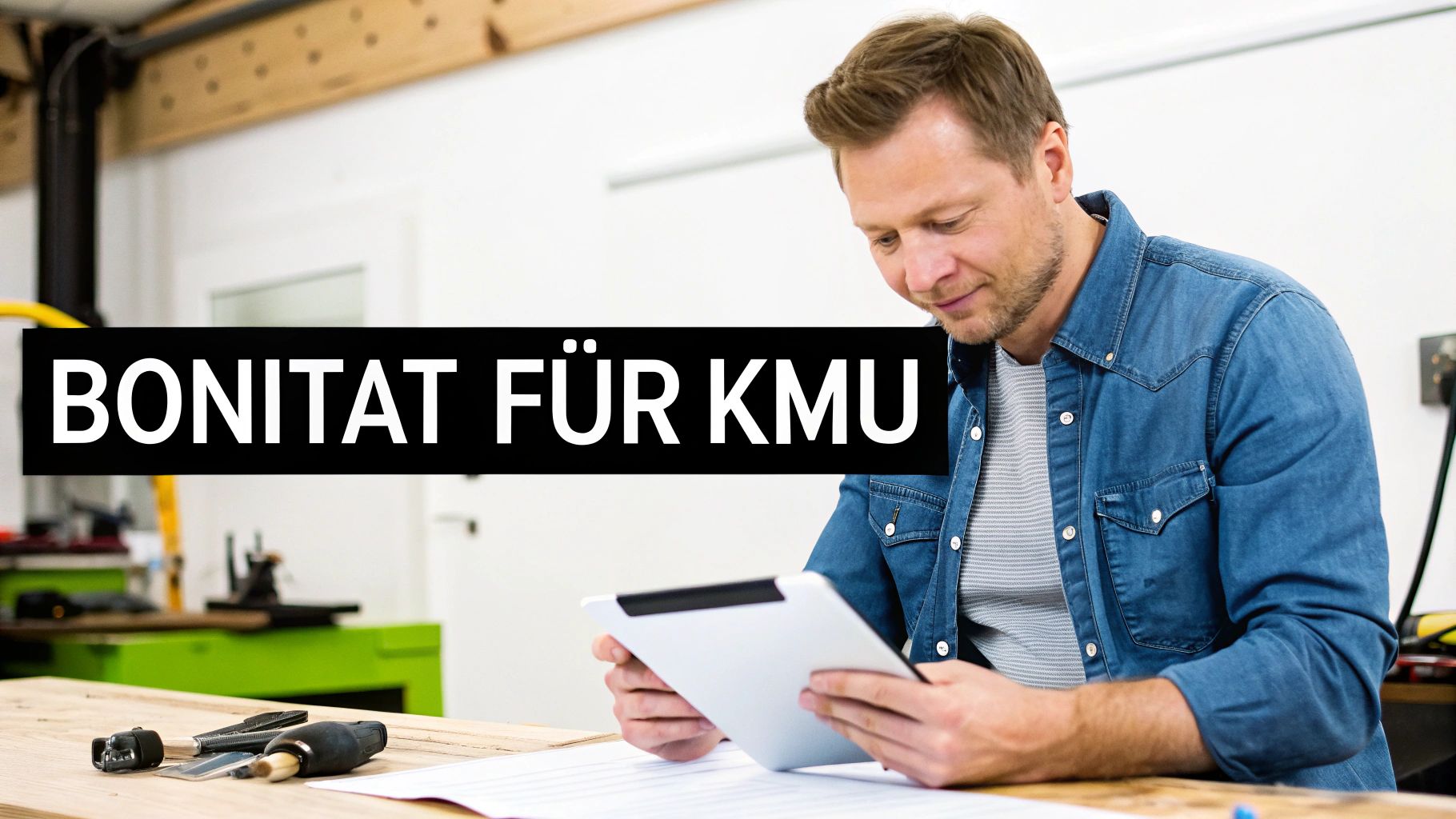 Ein Geschäftsmann prüft Bonität für KMU auf einem Tablet, mit Werkzeugen auf dem Tisch im Vordergrund.