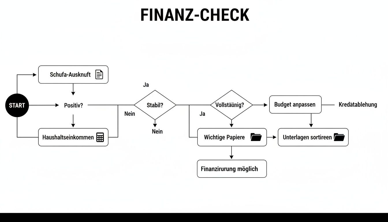 Flussdiagramm „FINANZ-CHECK“ zur Bonitätsprüfung, das Schritte wie Schufa-Auskunft und Haushaltseinkommen zeigt.